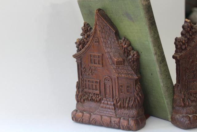 vintage pressed wood bookends, fairy tale witch cottage sweet little crooked tiny house