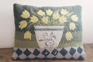 vintage primitive folk art hooked rug style throw pillow, tulips spring flowers