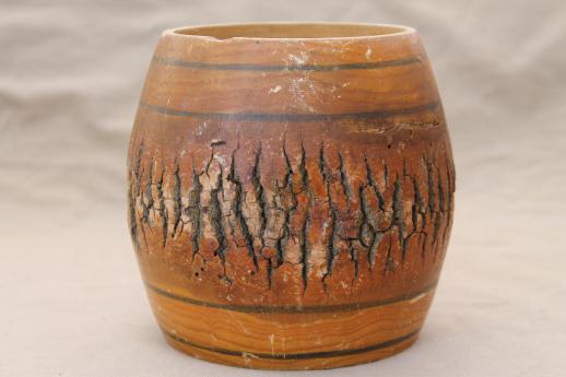 vintage primitive log wooden barrel vase w/ rustic natural wood tree bark