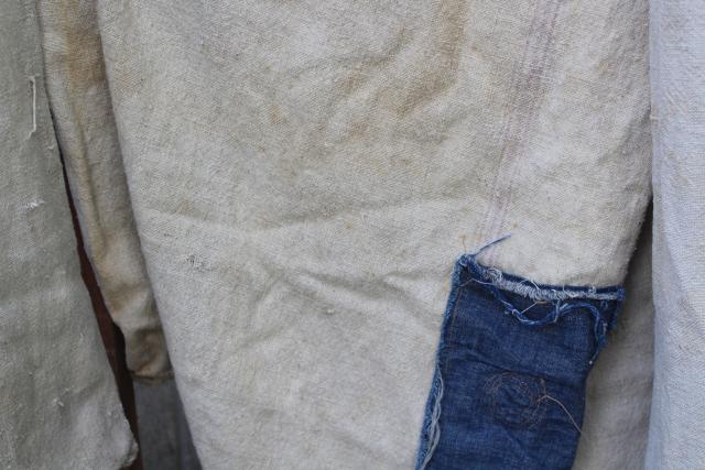 vintage primitive patched feed sacks, striped grain sack heavy cotton fabric Bemis 