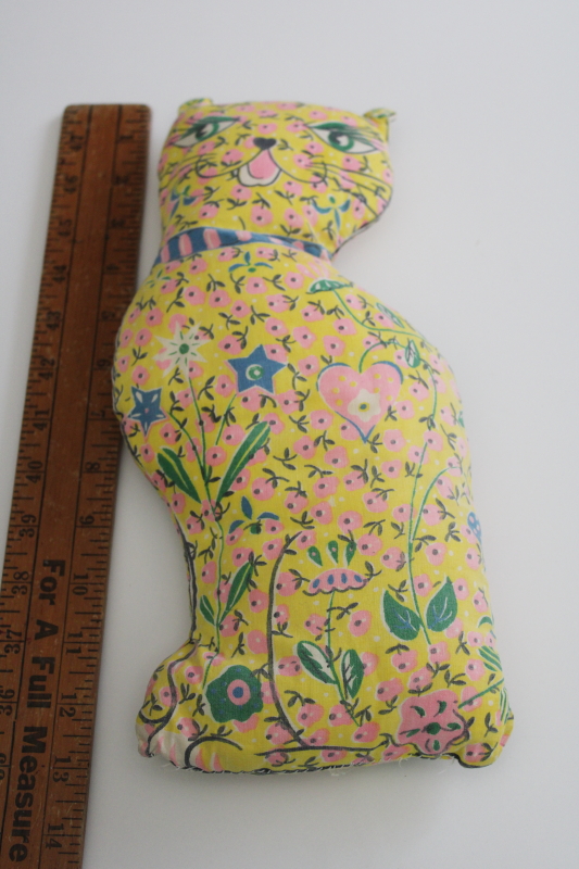 vintage print cotton calico cat, stuffed toy or pillow, cottage pink flowers on yellow