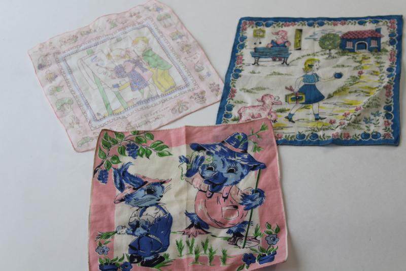 vintage print cotton children's hankies, Easter bunny & duck, Mary had a little lamb
