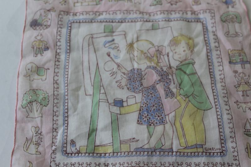 vintage print cotton children's hankies, Easter bunny & duck, Mary had a little lamb