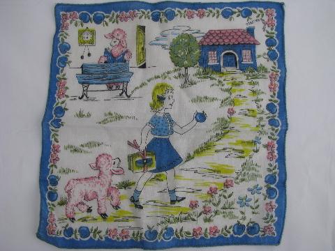 vintage print cotton child's handkerchief, Mary had a Little Lamb nursery rhyme