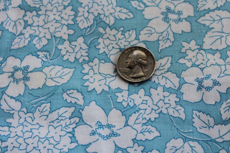 vintage print cotton fabric 68 wide, retro aqua blue w/ white floral