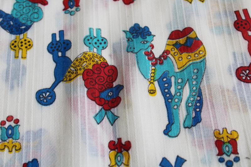 vintage print cotton fabric, drama llama camels & poodles bright colors on crisp white