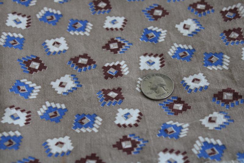 vintage print cotton feed sack fabric, blocks in brown & blue on neutral greige