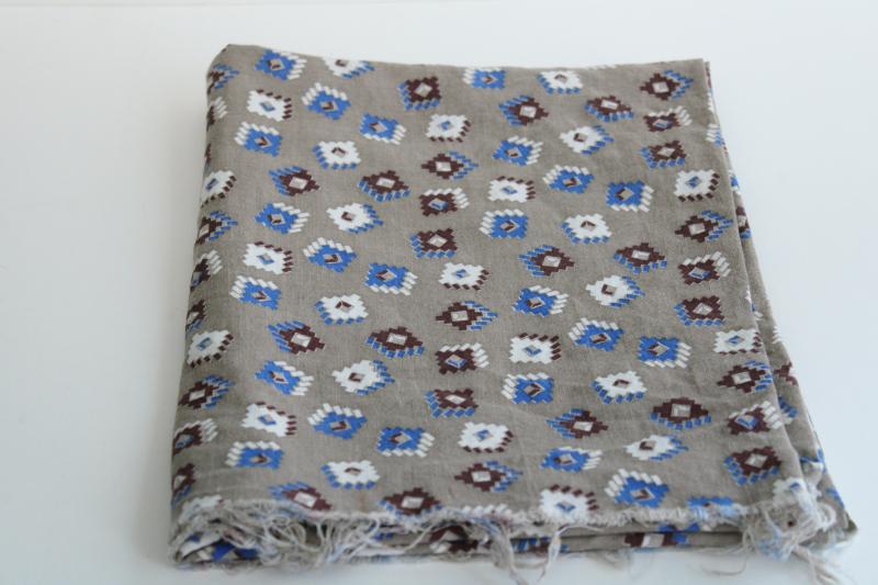 vintage print cotton feed sack fabric, blocks in brown & blue on neutral greige