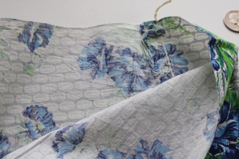 vintage print cotton feed sack fabric, blue poppies floral on grey & white