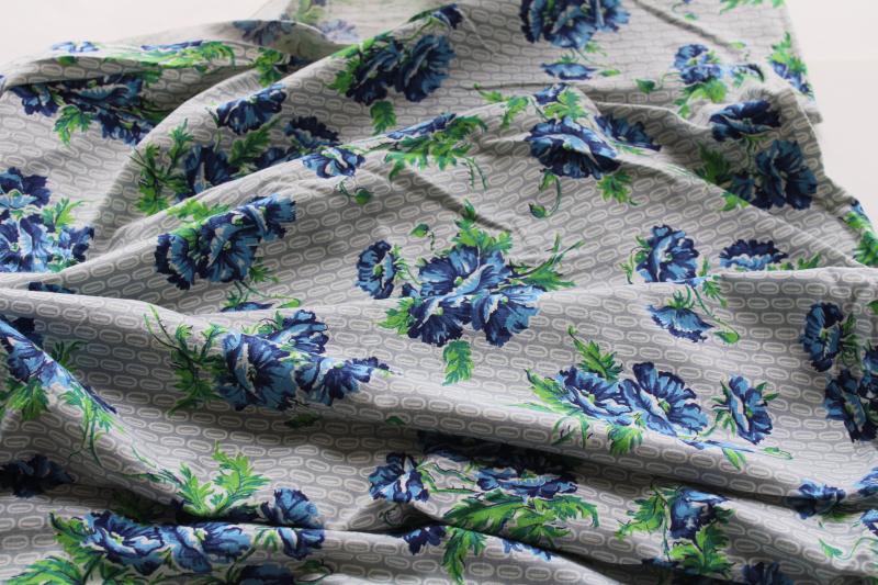vintage print cotton feed sack fabric, blue poppies floral on grey & white