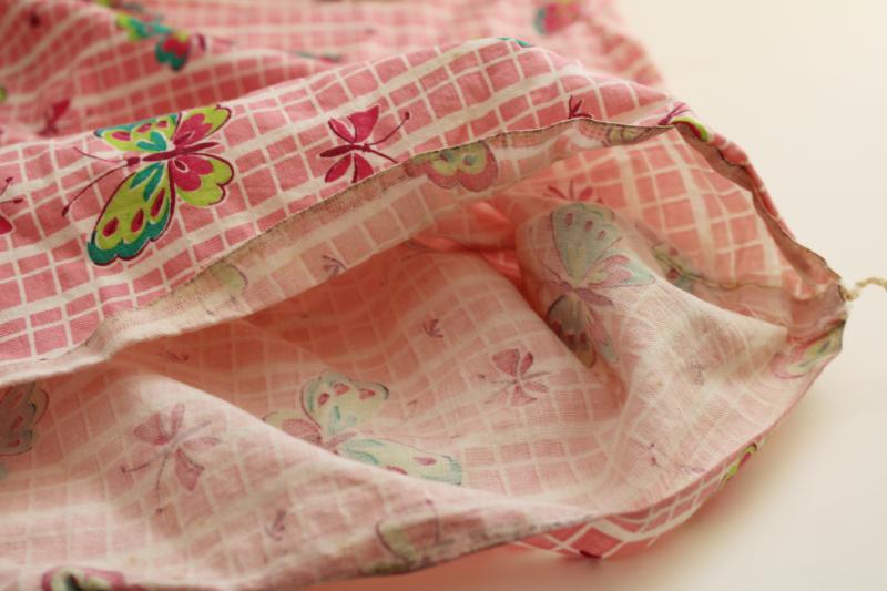 vintage print cotton feed sack fabric, butterflies in shades of green on pink & white