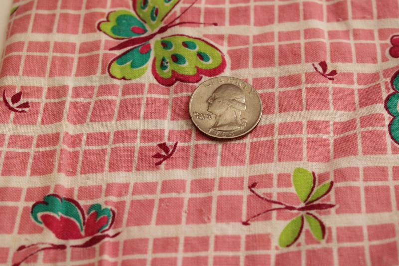 vintage print cotton feed sack fabric, butterflies in shades of green on pink & white