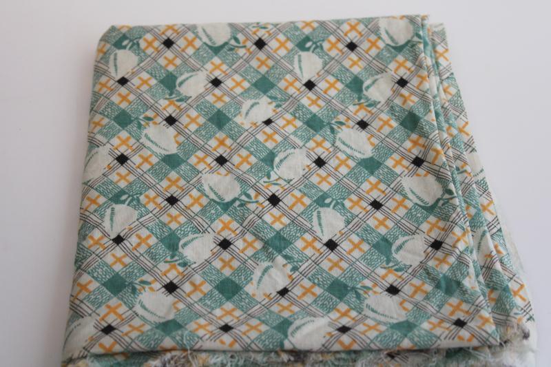 vintage print cotton feed sack fabric, jadite green & yellow plaid w/ peaches or lemons
