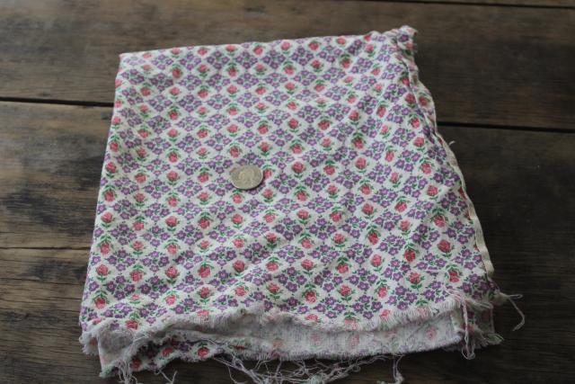 vintage print cotton feed sack fabric, pink rose buds & tiny lavender flowers