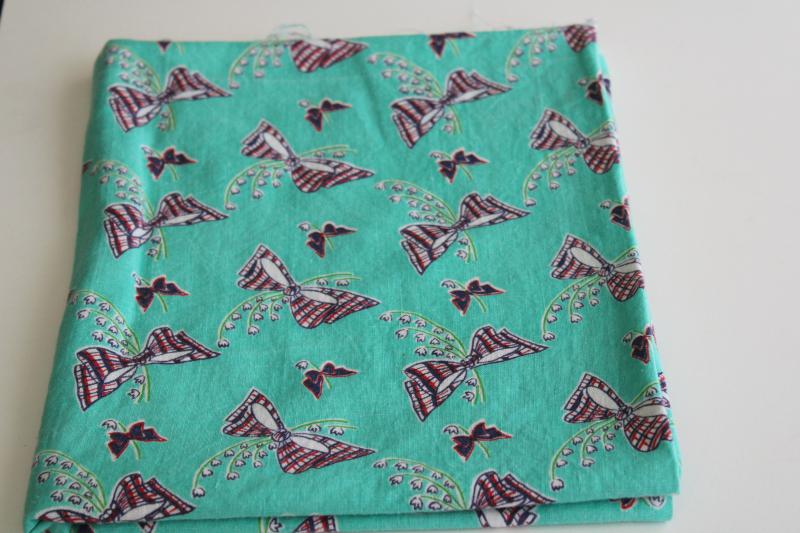 vintage print cotton feed sack fabric, plaid bows & lilies of the valley on