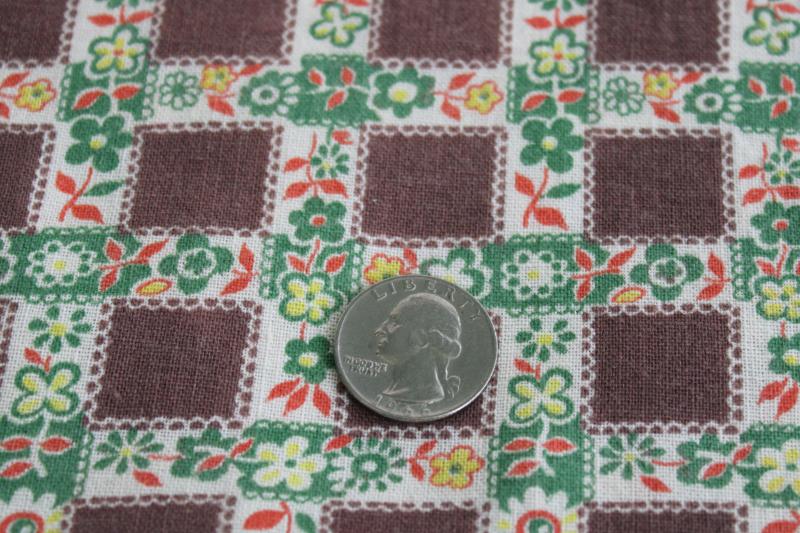 vintage print cotton feed sack fabric, plaid checked w/ flowers autumn colors