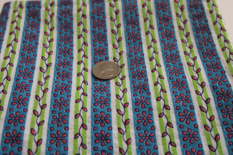 vintage print cotton feed sack fabric, vines & flower stripes, lime green, blue, pink