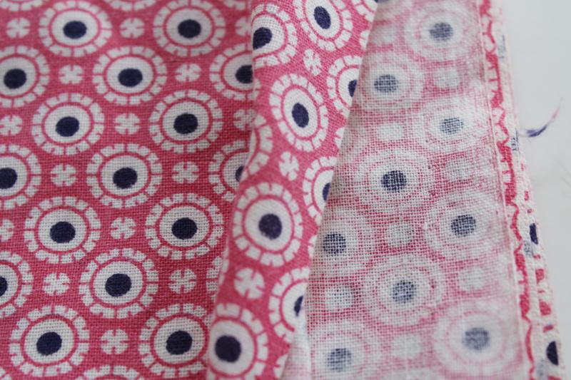 vintage print cotton feedsack fabric, bubble gum pink w/ navy dots on white