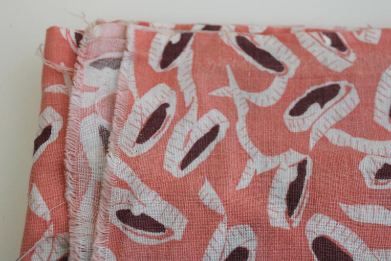 vintage print cotton feedsack fabric, coral pink w/ sewing tape measures