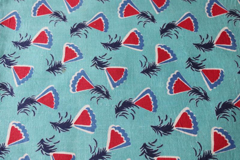 vintage print cotton feedsack fabric, feathers & fans red on aqua green w/ blue