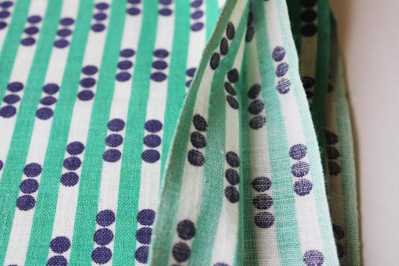 vintage print cotton feedsack fabric, mod dots & stripes in navy blue & green