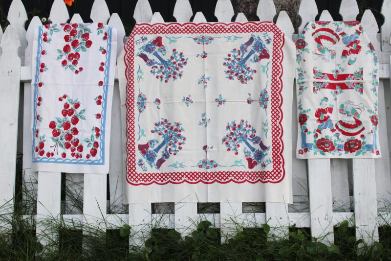 vintage print cotton kitchen tablecloth & dish towels, red, light blue, mint green 
