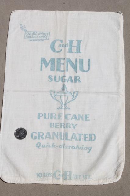 vintage print cotton salt & sugar bags, small flour sack fabric bags w/ old printed ad labels