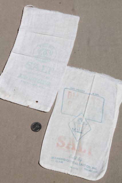 vintage print cotton salt & sugar bags, small flour sack fabric bags w/ old printed ad labels