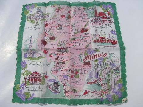 vintage print cotton souvenir hanky, Illinois state map handkerchief