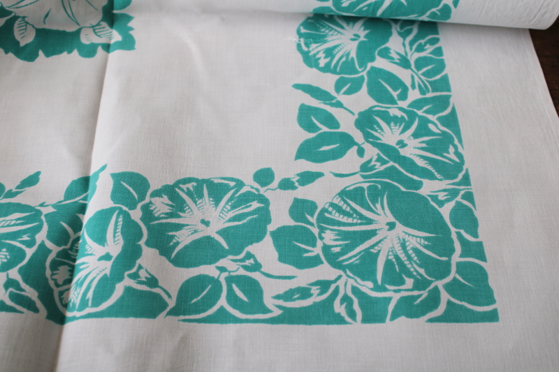vintage print cotton tablecloth for upcycle fabric or retro kitchen, jade green flowers