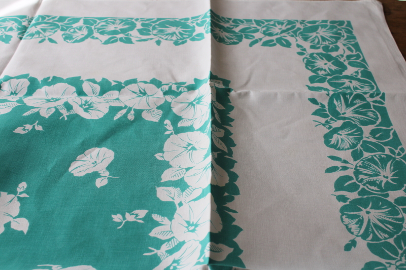 vintage print cotton tablecloth for upcycle fabric or retro kitchen, jade green flowers