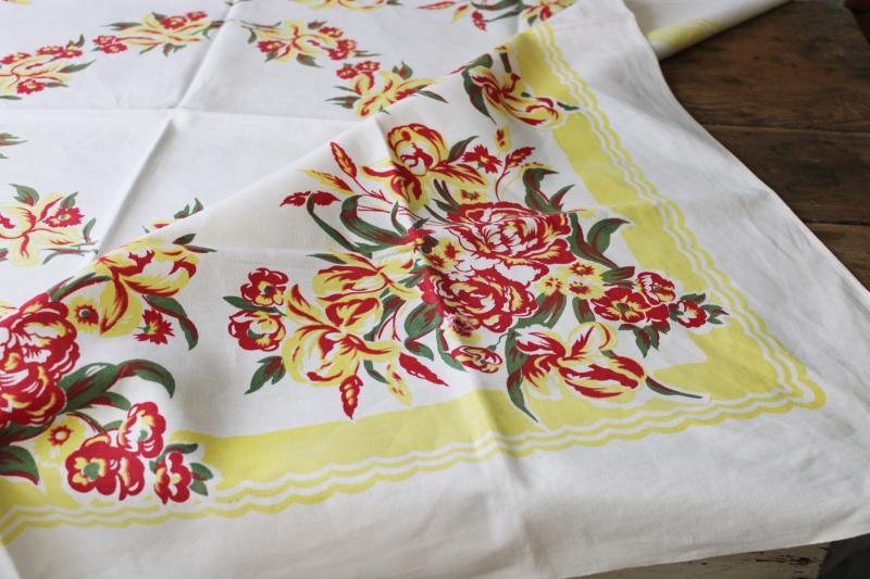vintage print cotton tablecloth, iris & peonies floral bright retro colors