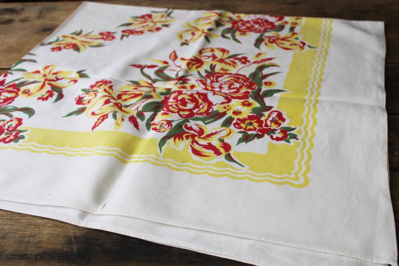 vintage print cotton tablecloth, iris & peonies floral bright retro colors