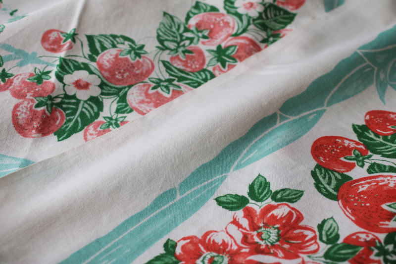  vintage print cotton tablecloth, strawberries  flowers w/ aqua ribbons
