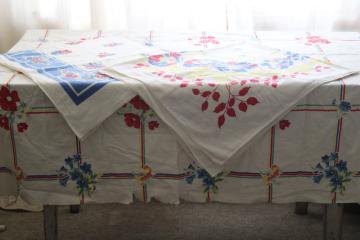 vintage print cotton tablecloths lot, bright retro florals red blue yellow, upcycle cutter fabric