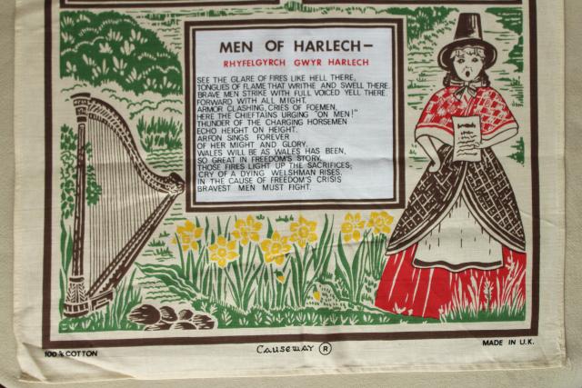 vintage print linen tea towel, Welsh songs and ballads lyrics, souvenir of Wales