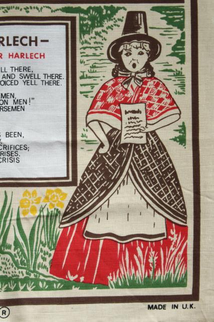 vintage print linen tea towel, Welsh songs and ballads lyrics, souvenir of Wales