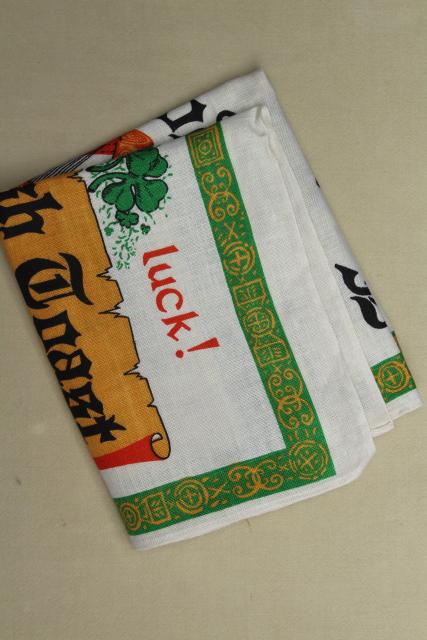 vintage print linen tea towel, good luck Irish toast, souvenir of Ireland