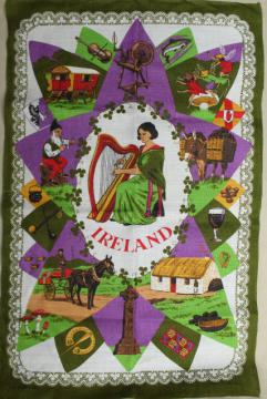 vintage print linen tea towel, souvenir of Ireland, old country emblems