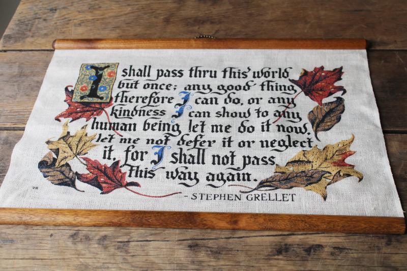 vintage print linen wall hanging, 1800s Stephen Grellet quote, Any Kindness