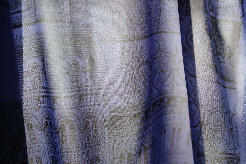 vintage print rayon georgette fabric, antique engravings French scenes & architecture