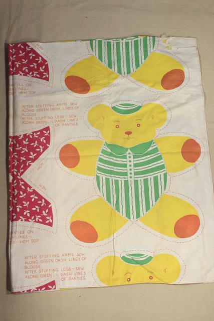 vintage printed cotton fabric feed sack, toy bear to cut & sew, rare novelty print