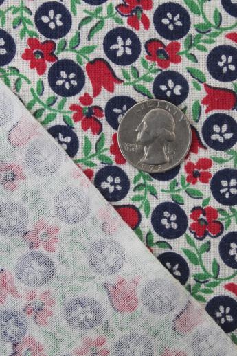 vintage printed cotton feed sack fabric w/ red, blue, jade green flowered print