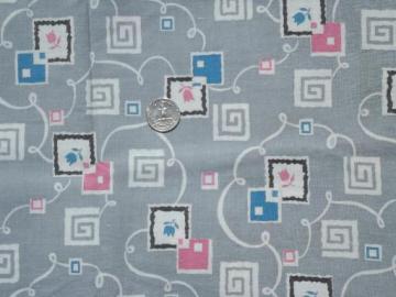vintage printed cotton feed sack fabric, retro pink & grey print feedsack
