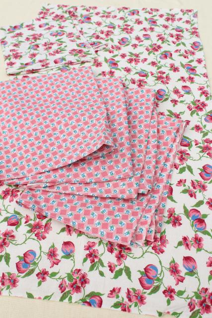 vintage printed cotton feed sack kitchen towels, unused print fabric, pink flowers!