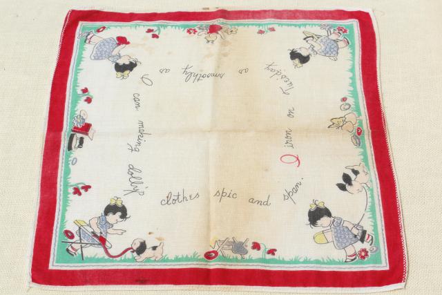 vintage printed cotton hankies, childrens novelty print handkerchiefs inc Golden Book hanky