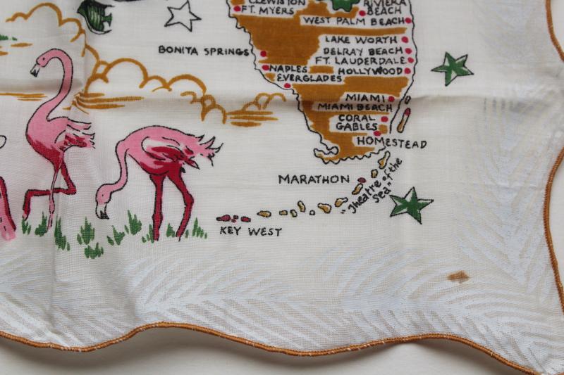 vintage printed cotton hanky, 50s 60s souvenir Florida map print hankerchief