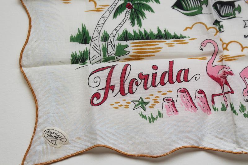 vintage printed cotton hanky, 50s 60s souvenir Florida map print hankerchief