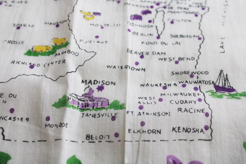 vintage printed cotton hanky, Wisconsin map print handkerchief state souvenir