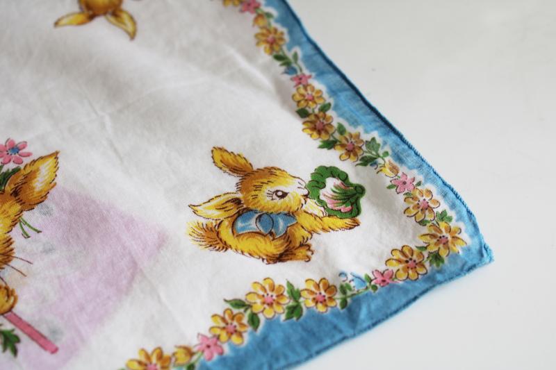 vintage printed cotton holiday hankies, childrens handkerchiefs w/ Easter bunnies & lamb